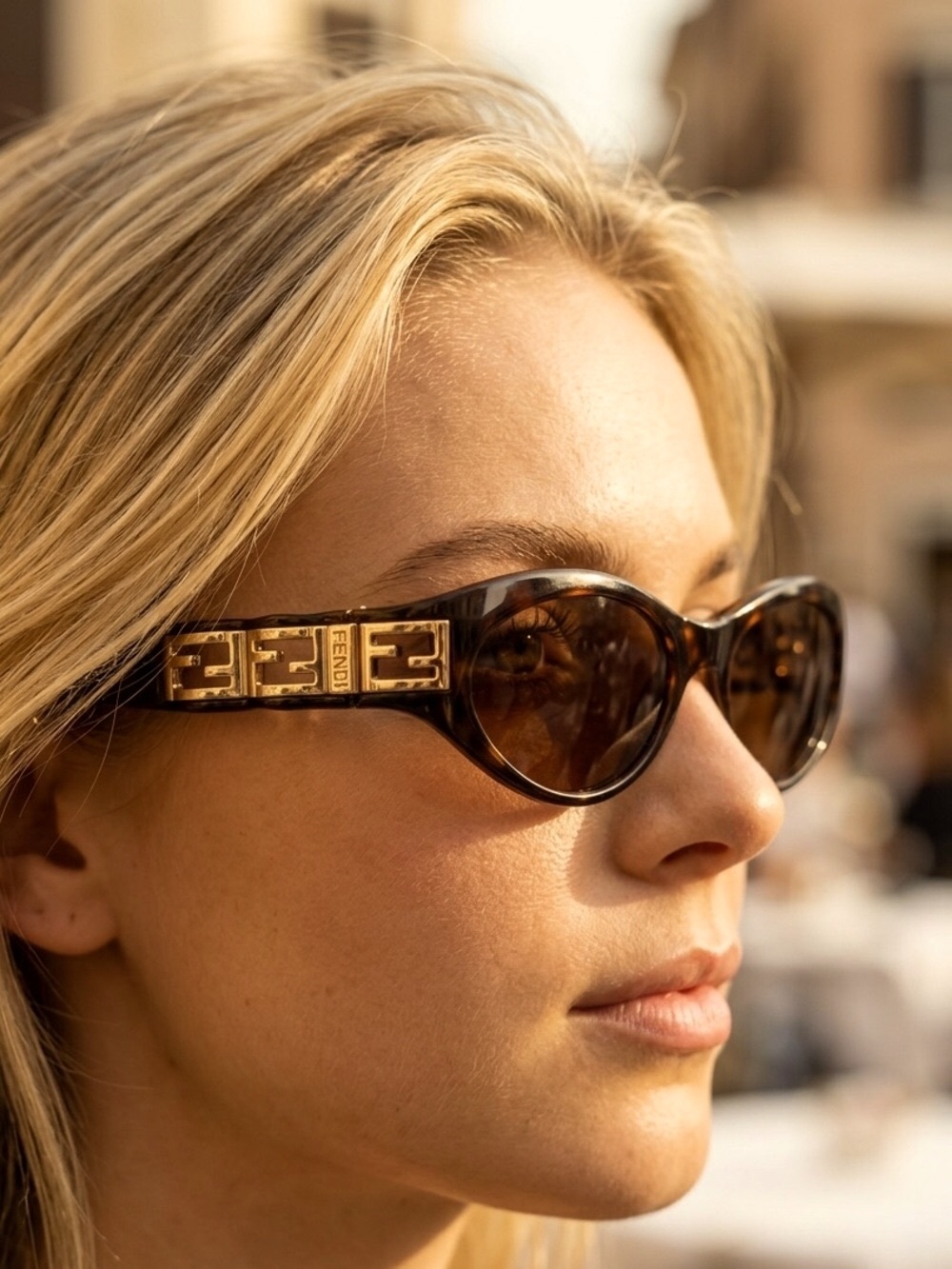 Fendi FS 185 Black Bronze Oval Sunglasses Y2K Gold Cut-out FF Logo